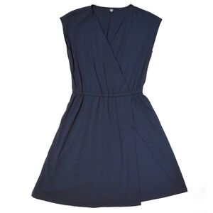 UNIQLO Small Navy Blue Sleeveless Wrap Dress Midi Knee Length V Neck Womens
